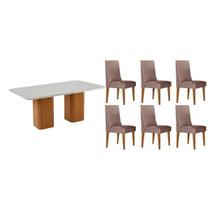 Conjunto: Mesa Sala Jantar Maldivas c/ Tampo Madeirado c/ Vidro Canto Curvo 180X90cm e 6 Cadeiras Dakota Naturale/Off White - Linho Capuccino - Rufato Conjunto: Mesa Sala Jantar Maldivas c/ Tampo Madeirado c/ Vidro Canto Curvo 180X90cm e 6 Cadeiras Dakota Naturale/Off White - Linho Capuccino - Rufato