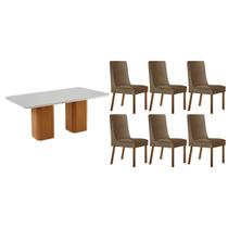 Conjunto: Mesa Sala Jantar Maldivas c/ Tampo Madeirado c/ Vidro Canto Curvo 180X90cm e 6 Cadeiras Dakota Naturale/Off White - Suede Capuccino - Rufato Conjunto: Mesa Sala Jantar Maldivas c/ Tampo Madeirado c/ Vidro Canto Curvo 180X90cm e 6 Cadeiras Dakota Naturale/Off White - Suede Capuccino - Rufato