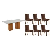 Conjunto: Mesa Sala Jantar Maldivas c/ Tampo Madeirado c/ Vidro Canto Curvo 180X90cm e 6 Cadeiras Dakota Naturale/Off White - Suede Marrom - Rufato