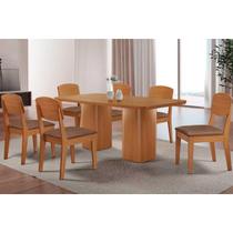 Conjunto: Mesa Sala Jantar Maldivas c/ Tampo Madeirado Canto Curvo 180x90cm e 6 Cadeiras Havana Naturale - Corano Capuccino - Rufato Conjunto: Mesa Sala Jantar Maldivas c/ Tampo Madeirado Canto Curvo 180x90cm e 6 Cadeiras Havana Naturale - Corano Capuccino - Rufato