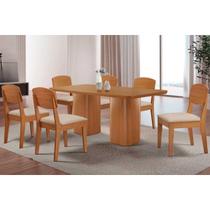 Conjunto: Mesa Sala Jantar Maldivas c/ Tampo Madeirado Canto Curvo 180x90cm e 6 Cadeiras Havana Naturale - Suede Creme - Rufato