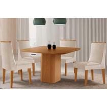 Conjunto: Mesa Sala Jantar Maldivas c/ Tampo Madeirado Canto Curvo 90x90cm e 4 Cadeiras Dakota Naturale - Suede Creme - Rufato Conjunto: Mesa Sala Jantar Maldivas c/ Tampo Madeirado Canto Curvo 90x90cm e 4 Cadeiras Dakota Naturale - Suede Creme - Rufato