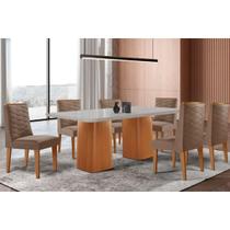 Conjunto: Mesa Sala Jantar Maldivas Tampo c/ Vidro Curvo 180cm+6 Cadeiras Dafne Madeira Naturale/Off White - Capuccino/Suede Capuccino - Rufato Conjunto: Mesa Sala Jantar Maldivas Tampo c/ Vidro Curvo 180cm+6 Cadeiras Dafne Madeira Naturale/Off White - Capuccino/Suede Capuccino - Rufato