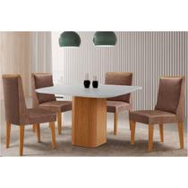 Conjunto: Mesa Sala Jantar Maldivas Tampo c/ Vidro Curvo 90cm+4 Cadeiras Dakota Madeira Naturale/Off White - Capuccino/Corano Capuccino - Rufato