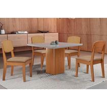 Conjunto: Mesa Sala Jantar Maldivas Tampo c/ Vidro Curvo 90cm+4 Cadeiras Havana Naturale/Off White - Linho Bege - Rufato