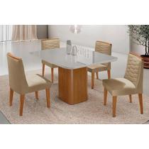 Conjunto: Mesa Sala Jantar Maldivas Tampo c/ Vidro Curvo 90cm+4 Cadeiras Maldivas Madeira Naturale/Off White - Capuccino/Linho Bege - Rufato