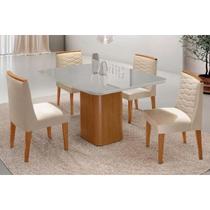 Conjunto: Mesa Sala Jantar Maldivas Tampo c/ Vidro Curvo 90cm+4 Cadeiras Maldivas Madeira Naturale/Off White - Capuccino/Suede Creme - Rufato