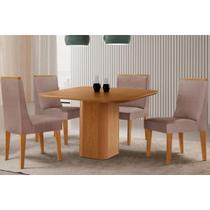 Conjunto: Mesa Sala Jantar Maldivas Tampo Curvo 90cm+4 Cadeiras Dakota Madeira Naturale - Capuccino/Linho Capuccino - Rufato
