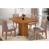 Conjunto: Mesa Sala Jantar Maldivas Tampo Curvo 90cm+4 Cadeiras Maldivas Madeira Naturale - Capuccino/Linho Capuccino - Rufato