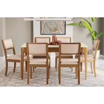 Conjunto: Mesa Sala Jantar Mira Tampo Madeirado c/ Vidro 90x160cm e 6 Cadeiras Alice Carvalho/Off White/Vidro Off White - Linho Beg - Kappesberg