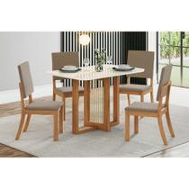 Conjunto: Mesa Sala Jantar Natalí c/ Tampo Madeirado c/ Vidro Curvo 120x80cm e 4 Cadeiras Milla Nature/Suede Light Marrom Amêndoa - Henn Conjunto: Mesa Sala Jantar Natalí c/ Tampo Madeirado c/ Vidro Curvo 120x80cm e 4 Cadeiras Milla Nature/Suede Light Marrom Amêndoa - Henn