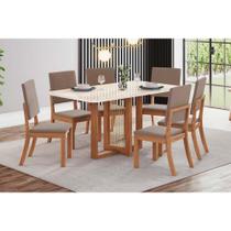 Conjunto: Mesa Sala Jantar Natalí c/ Tampo Madeirado c/ Vidro Curvo 160x80cm e 6 Cadeiras Milla Nature/Suede Light Marrom Amêndoa - Henn