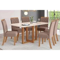 Conjunto: Mesa Sala Jantar Natali c/ Tampo Madeirado c/ Vidro Curvo 160x90cm e 6 Cadeiras Bella Nature/Suede Light Marrom Amendoa - Henn Conjunto: Mesa Sala Jantar Natali c/ Tampo Madeirado c/ Vidro Curvo 160x90cm e 6 Cadeiras Bella Nature/Suede Light Marrom Amendoa - Henn