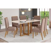 Conjunto: Mesa Sala Jantar Natalí c/ Tampo Madeirado c/ Vidro Curvo 160x90cm e 6 Cadeiras Nina Nature/Suede Light Marrom Amêndoa - Henn Conjunto: Mesa Sala Jantar Natalí c/ Tampo Madeirado c/ Vidro Curvo 160x90cm e 6 Cadeiras Nina Nature/Suede Light Marrom Amêndoa - Henn
