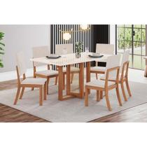 Conjunto: Mesa Sala Jantar Natalí c/ Tampo Madeirado c/ Vidro Reto 160x90cm e 6 Cadeiras Milla Nature/Suede Light Linho - Henn Conjunto: Mesa Sala Jantar Natalí c/ Tampo Madeirado c/ Vidro Reto 160x90cm e 6 Cadeiras Milla Nature/Suede Light Linho - Henn