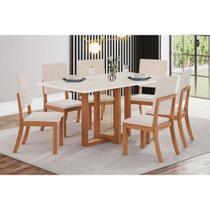 Conjunto: Mesa Sala Jantar Natalí c/ Tampo Madeirado Reto s/ Vidro 160x90cm e 6 Cadeiras Milla Nature/Suede Light Linho - Henn