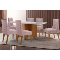 Conjunto: Mesa Sala Jantar Nevada c/ Tampo Madeirado c/ Vidro Canto Curvo 180x90cm e 6 Cadeiras Dafne Naturale/Off White - Linho Capuccino - Rufato