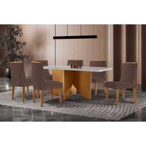 Conjunto: Mesa Sala Jantar Nevada c/ Tampo Madeirado c/ Vidro Canto Curvo 180x90cm e 6 Cadeiras Dakota Naturale/Off White - Suede Marrom - Rufato Conjunto: Mesa Sala Jantar Nevada c/ Tampo Madeirado c/ Vidro Canto Curvo 180x90cm e 6 Cadeiras Dakota Naturale/Off White - Suede Marrom - Rufato
