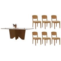 Conjunto: Mesa Sala Jantar Nevada c/ Tampo Madeirado c/ Vidro Canto Curvo 180x90cm e 6 Cadeiras Havana Naturale/Off White - Linho Bege - Rufato