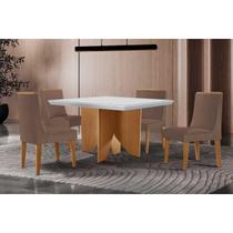 Conjunto: Mesa Sala Jantar Nevada c/ Tampo Madeirado c/ Vidro Canto Curvo 90x90cm e 4 Cadeiras Dakota Naturale/Off White - Corano Capuccino - Rufato Conjunto: Mesa Sala Jantar Nevada c/ Tampo Madeirado c/ Vidro Canto Curvo 90x90cm e 4 Cadeiras Dakota Naturale/Off White - Corano Capuccino - Rufato