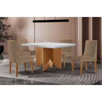 Conjunto: Mesa Sala Jantar Nevada c/ Tampo Madeirado c/ Vidro Canto Curvo 90x90cm e 4 Cadeiras Dakota Naturale/Off White - Linho Bege - Rufato Conjunto: Mesa Sala Jantar Nevada c/ Tampo Madeirado c/ Vidro Canto Curvo 90x90cm e 4 Cadeiras Dakota Naturale/Off White - Linho Bege - Rufato