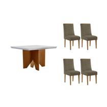 Conjunto: Mesa Sala Jantar Nevada c/ Tampo Madeirado c/ Vidro Canto Curvo 90x90cm e 4 Cadeiras Maldivas Naturale/Off White - Suede Capuccino - Rufato