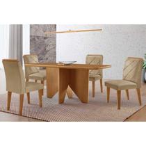 Conjunto: Mesa Sala Jantar Nevada c/ Tampo Madeirado Canto Curvo 120x80cm e 4 Cadeiras Pietá Naturale - Linho Bege - Rufato Conjunto: Mesa Sala Jantar Nevada c/ Tampo Madeirado Canto Curvo 120x80cm e 4 Cadeiras Pietá Naturale - Linho Bege - Rufato
