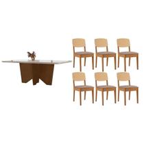 Conjunto: Mesa Sala Jantar Nevada Curvo 180cm + 6 Cadeiras Havana Naturale/Off White - Capuccino/Linho Capuccino - Rufato