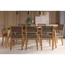 Conjunto: Mesa Sala Jantar Petra Tampo Madeirado c/ Vidro 100x200cm e 8 Cadeiras Lola Carvalho/Preto fosco/Vidro preto - Linho Cinza - Kappesberg