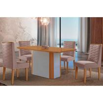 Conjunto: Mesa Sala Jantar Pietá c/ Tampo Madeirado Canto Curvo 120x80cm e 4 Cadeiras Dafne Naturale/Off White - Linho Capuccino - Rufato Conjunto: Mesa Sala Jantar Pietá c/ Tampo Madeirado Canto Curvo 120x80cm e 4 Cadeiras Dafne Naturale/Off White - Linho Capuccino - Rufato