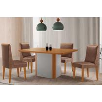 Conjunto: Mesa Sala Jantar Pietá c/ Tampo Madeirado Canto Curvo 120x80cm e 4 Cadeiras Dakota Naturale/Off White - Corano Capuccino - Rufato Conjunto: Mesa Sala Jantar Pietá c/ Tampo Madeirado Canto Curvo 120x80cm e 4 Cadeiras Dakota Naturale/Off White - Corano Capuccino - Rufato