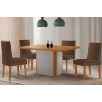 Conjunto: Mesa Sala Jantar Pietá c/ Tampo Madeirado Canto Curvo 120x80cm e 4 Cadeiras Dakota Naturale/Off White - Suede Marrom - Rufato Conjunto: Mesa Sala Jantar Pietá c/ Tampo Madeirado Canto Curvo 120x80cm e 4 Cadeiras Dakota Naturale/Off White - Suede Marrom - Rufato