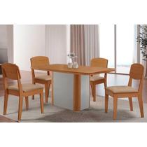 Conjunto: Mesa Sala Jantar Pietá c/ Tampo Madeirado Canto Curvo 120x80cm e 4 Cadeiras Havana Naturale/Off White - Linho Bege - Rufato