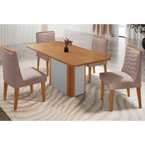 Conjunto: Mesa Sala Jantar Pietá c/ Tampo Madeirado Canto Curvo 120x80cm e 4 Cadeiras Maldivas Naturale/Off White - Linho Capuccino - Rufato Conjunto: Mesa Sala Jantar Pietá c/ Tampo Madeirado Canto Curvo 120x80cm e 4 Cadeiras Maldivas Naturale/Off White - Linho Capuccino - Rufato