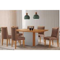 Conjunto: Mesa Sala Jantar Pietá c/ Tampo Madeirado Canto Curvo 180x90cm e 6 Cadeiras Dakota Naturale/Off White - Corano Capuccino - Rufato Conjunto: Mesa Sala Jantar Pietá c/ Tampo Madeirado Canto Curvo 180x90cm e 6 Cadeiras Dakota Naturale/Off White - Corano Capuccino - Rufato