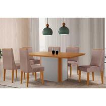 Conjunto: Mesa Sala Jantar Pietá c/ Tampo Madeirado Canto Curvo 180x90cm e 6 Cadeiras Dakota Naturale/Off White - Linho Capuccino - Rufato