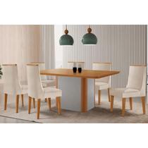 Conjunto: Mesa Sala Jantar Pietá Tampo Curvo 180cm+6 Cadeiras Dakota Madeira Naturale/Off White - Capuccino/Suede Creme - Rufato Conjunto: Mesa Sala Jantar Pietá Tampo Curvo 180cm+6 Cadeiras Dakota Madeira Naturale/Off White - Capuccino/Suede Creme - Rufato