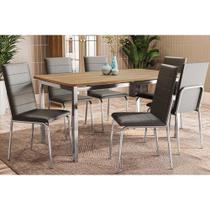 Conjunto: Mesa Sala Jantar Reno c/ Tampo de Madeira 160cm e 6 Cadeiras Amsterdã Cromada/Preto 110 - Kappesberg Conjunto: Mesa Sala Jantar Reno c/ Tampo de Madeira 160cm e 6 Cadeiras Amsterdã Cromada/Preto 110 - Kappesberg