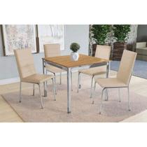 Conjunto: Mesa Sala Jantar Reno c/ Tampo de Madeira 90cm e 4 Cadeiras Amsterdã Cromada/Nogueira - Courano Bege - Kappesberg