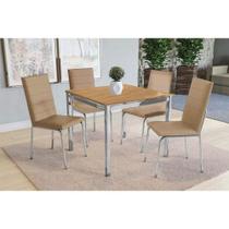 Conjunto: Mesa Sala Jantar Reno c/ Tampo de Madeira 90cm e 4 Cadeiras Amsterdã Cromada/Nogueira - Courano Capuccino - Kappesberg