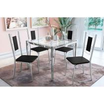 Conjunto: Mesa Sala Jantar Reno c/ Tampo de Vidro 90x90cm e 4 Cadeiras Lisboa Cromada - Preto - Kappesberg