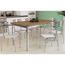 Conjunto: Mesa Sala Jantar Reno c/ Tampo Madeira 160cm e 6 Cadeiras Portugal Cromada/Branco 106 - Kappesberg
