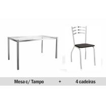 Conjunto: Mesa Sala Jantar Reno c/ Tampo Vidro 150cm + 4 Cadeiras Portugal Cromado/Courano Preto - Kappesberg