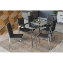 Conjunto: Mesa Sala Jantar Reno c/ Tampo Vidro 150cm + 6 Cadeiras Amsterdã Cromado/Courano Preto - Kappesberg