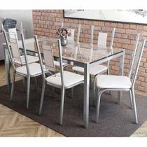 Conjunto: Mesa Sala Jantar Reno c/ Tampo Vidro 150cm + 6 Cadeiras Florença Cromado/Courano Branco - Kappesberg Conjunto: Mesa Sala Jantar Reno c/ Tampo Vidro 150cm + 6 Cadeiras Florença Cromado/Courano Branco - Kappesberg