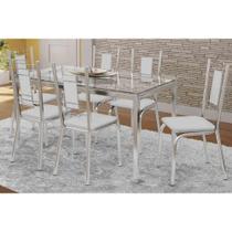 Conjunto: Mesa Sala Jantar Reno c/ Tampo Vidro 150cm + 6 Cadeiras Florença Cromado/Courano Branco - Kappesberg