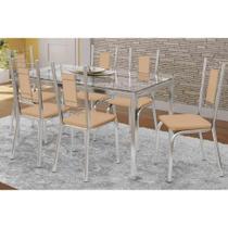 Conjunto: Mesa Sala Jantar Reno c/ Tampo Vidro 150cm + 6 Cadeiras Florença Cromado/Courano Nude - Kappesberg