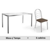 Conjunto: Mesa Sala Jantar Reno c/ Tampo Vidro 150cm + 6 Cadeiras Holanda Cromado/Courano Marrom - Kappesberg Conjunto: Mesa Sala Jantar Reno c/ Tampo Vidro 150cm + 6 Cadeiras Holanda Cromado/Courano Marrom - Kappesberg