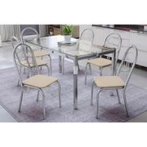 Conjunto: Mesa Sala Jantar Reno c/ Tampo Vidro 150cm + 6 Cadeiras Holanda Cromado/Courano Nude - Kappesberg