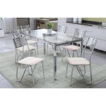 Conjunto: Mesa Sala Jantar Reno c/ Tampo Vidro 150cm + 6 Cadeiras Nápoles Cromado/Courano Branco - Kappesberg